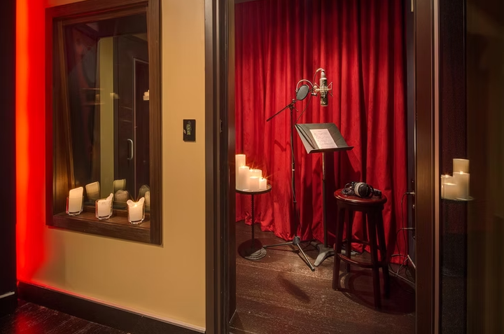 recording room with red drapes